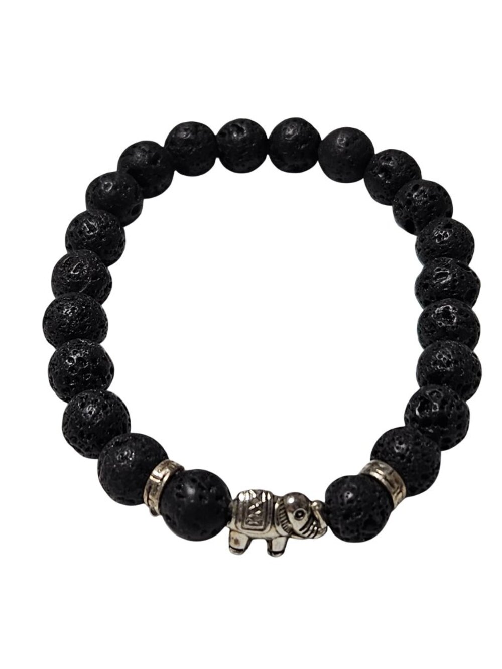 African Inspired Elephant Lava Stone Bracelet Beaded Charm Silver Tone  Jewelry